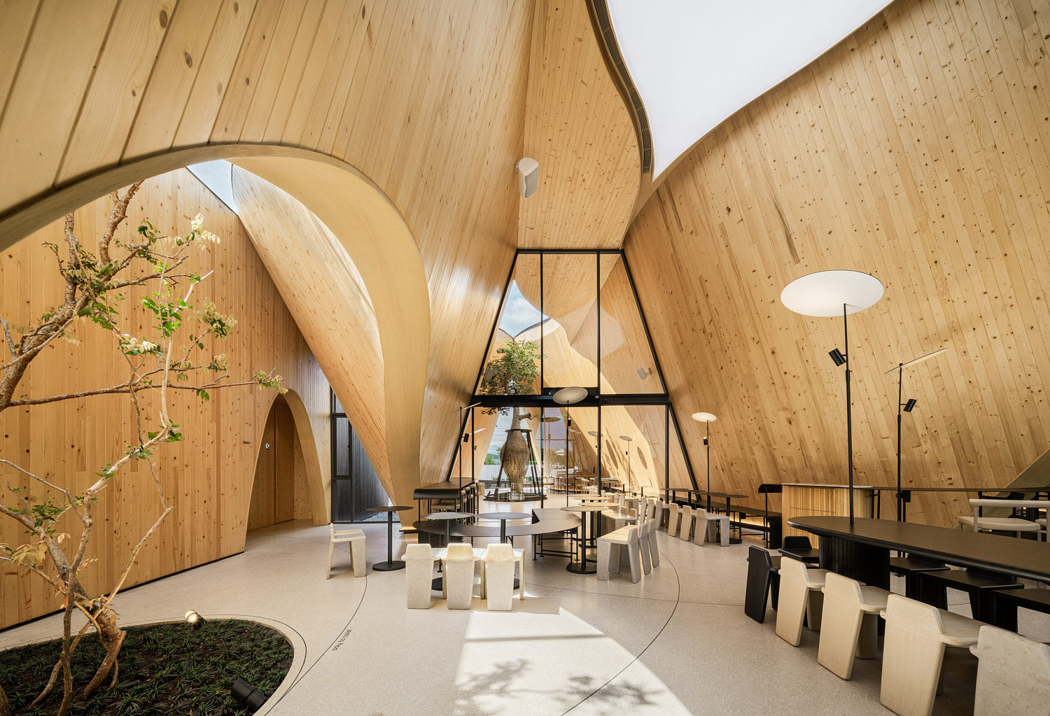 Дерево баобаб растёт в изогнутом кафе в Таиланде от IDIN Architects